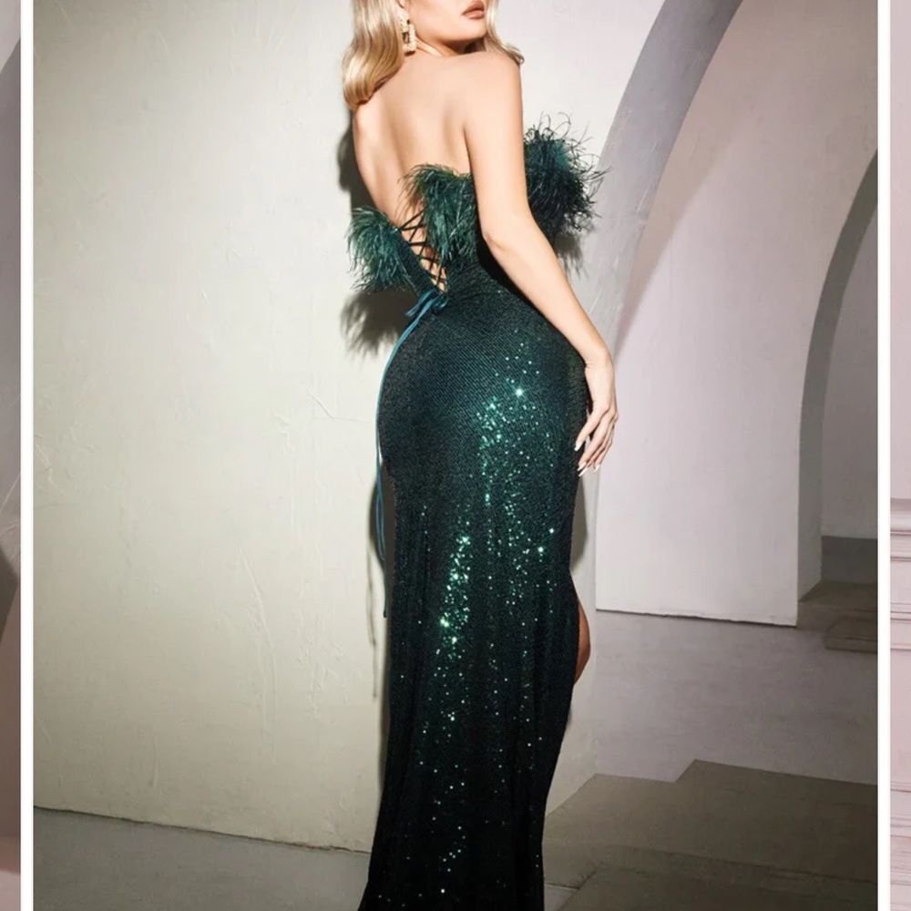 Cinderella Divine green fitted feather sequin gown XS gala evening dress